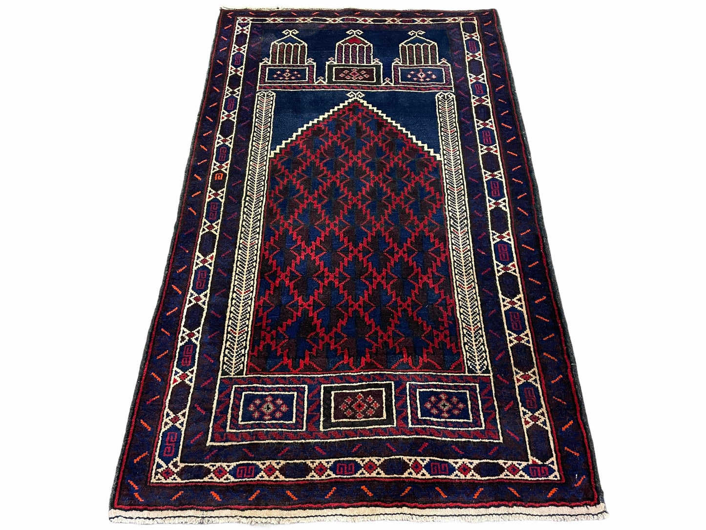 Balouchi Prayer Rug 3x5 Vintage Handmade Tribal Wool Afghan Rug Red Blue