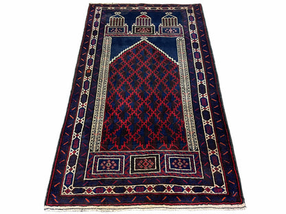 Balouchi Prayer Rug 3x5 Vintage Handmade Tribal Wool Afghan Rug Red Blue
