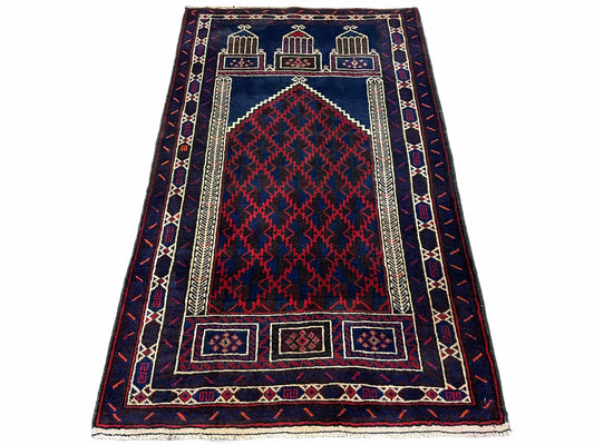 Balouchi Prayer Rug 3x5 Vintage Handmade Tribal Wool Afghan Rug Red Blue