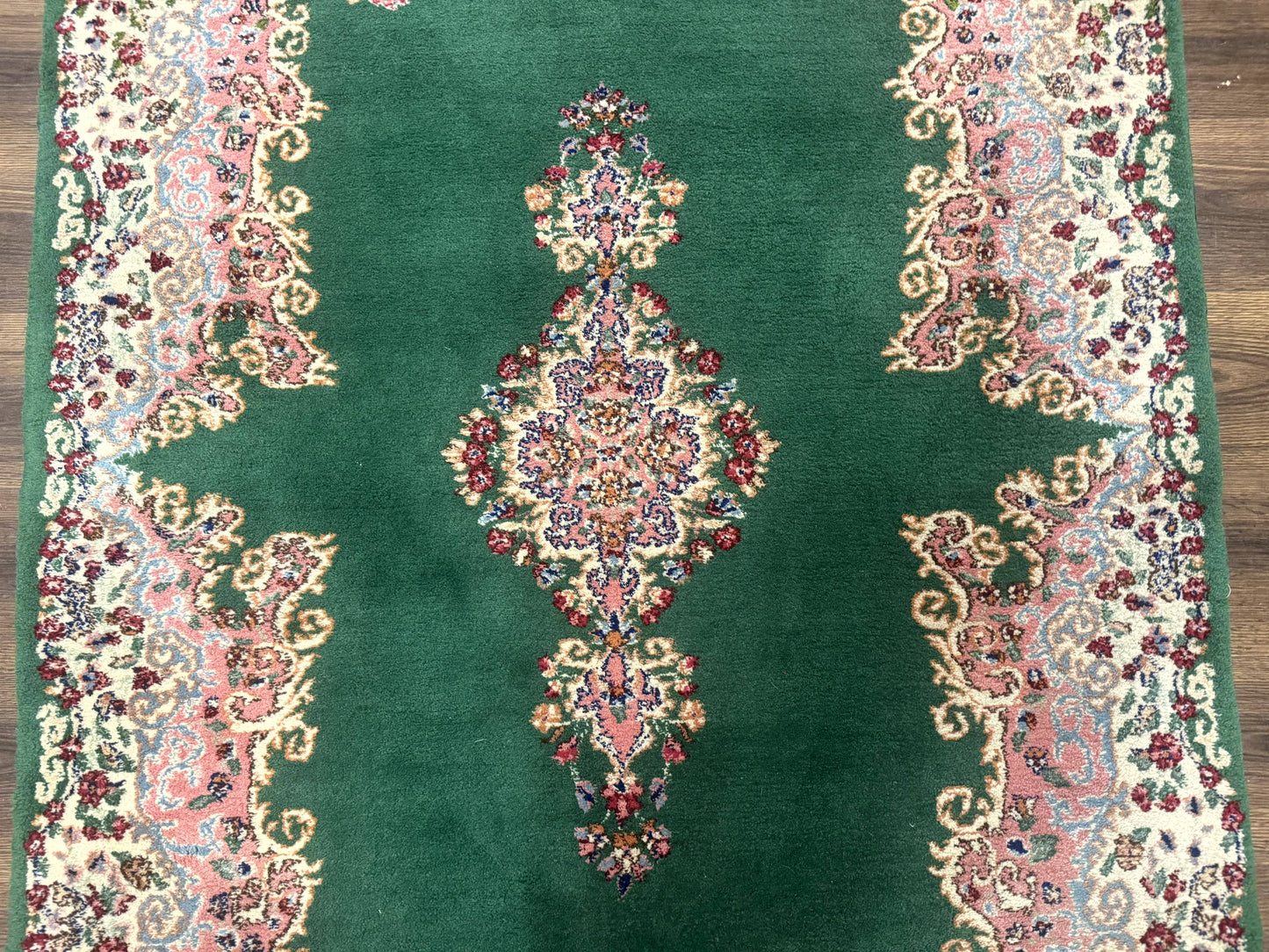 Green Persian Kerman Rug 4x6 Vintage Semi Open Field With Cream Borders