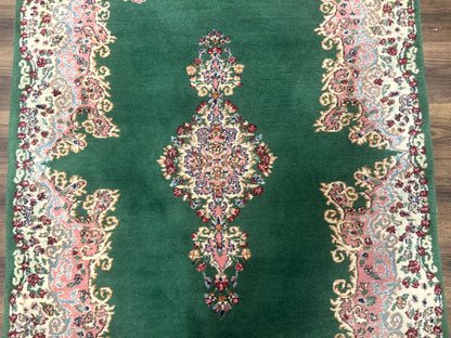 Green Persian Kerman Rug 4x6 Vintage Semi Open Field With Cream Borders