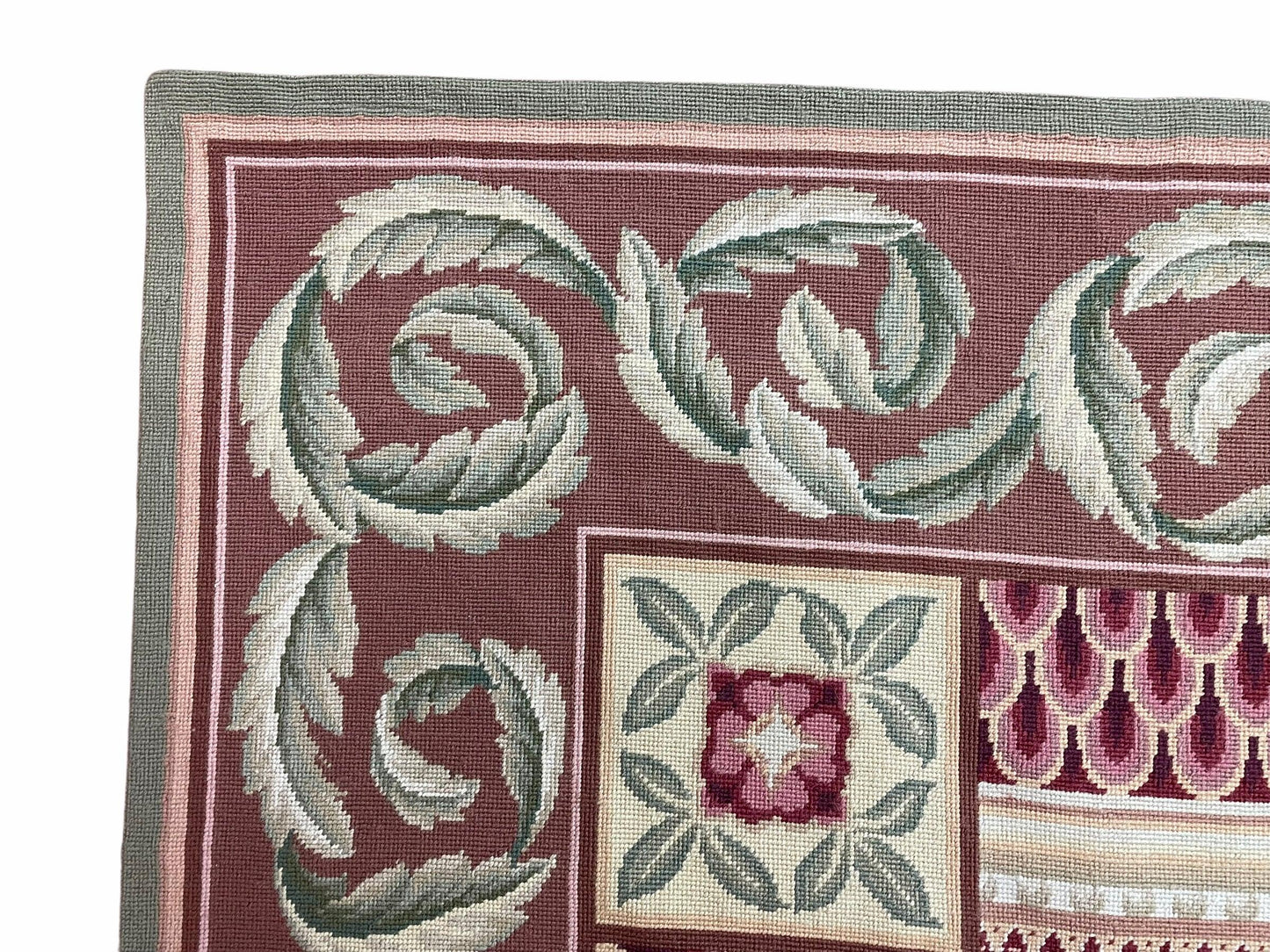 Aubusson Needlepoint Rug Traditional 9x12 Handmade Wool Floral Cream Green Maroon