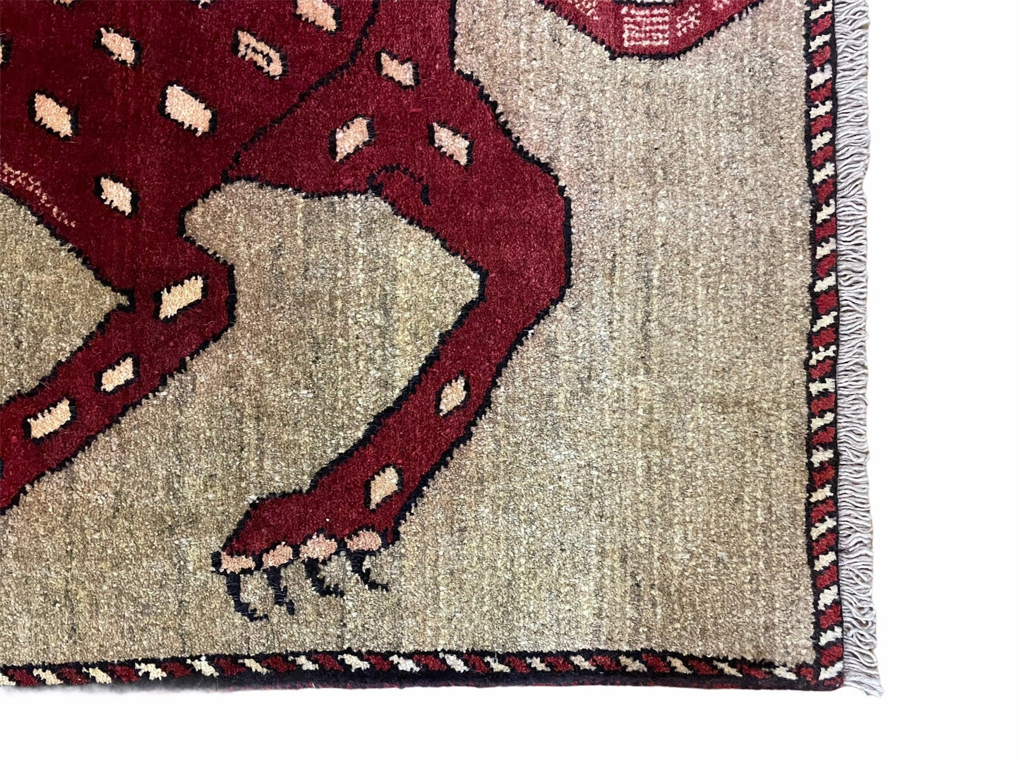 Leopard Wool Rug Handmade Hand Knotted Vintage Burgundy Beige Area Rug