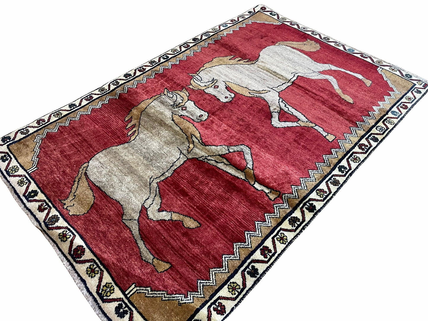 Handmade Hand Knotted Wool Rug 4x6 Vintage Horses Tribal Red Organic Dyes