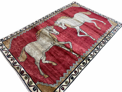 Handmade Hand Knotted Wool Rug 4x6 Vintage Horses Tribal Red Organic Dyes
