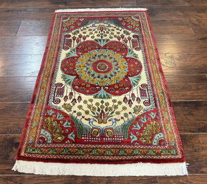 Persian Bijar Rug 2.6 x 4 Vintage Hand Knotted Wool Carpet Brick Red Ivory