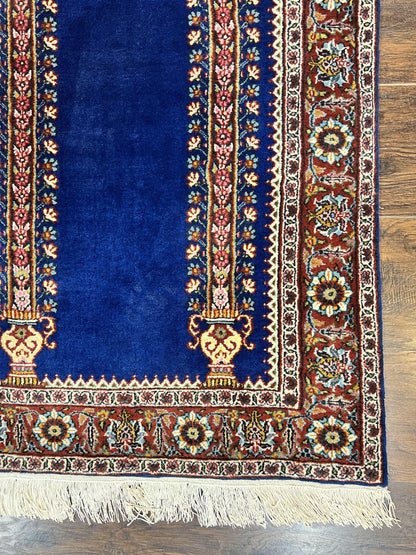 Indo Persian Prayer Rug 3x5 Vintage Hand Knotted Handmade Wool Dark Blue And Red Oriental Carpet