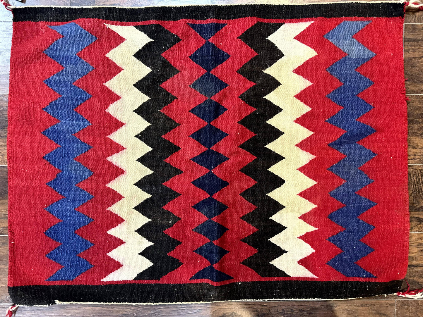Antique Navajo Rug Handmade Wool Area Rug With Red Ivory Blue Zigzag Pattern