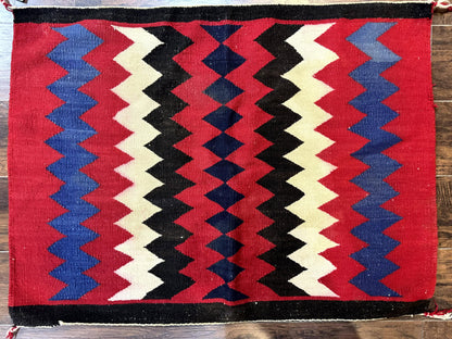 Antique Navajo Rug Handmade Wool Area Rug With Red Ivory Blue Zigzag Pattern