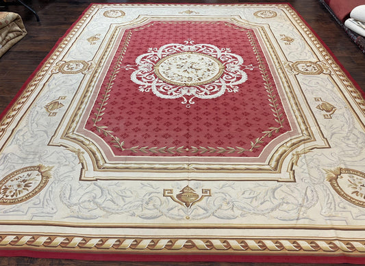 Elegant Aubusson Rug 9x12 Handmade Wool Carpet Red Ivory Vintage French Design