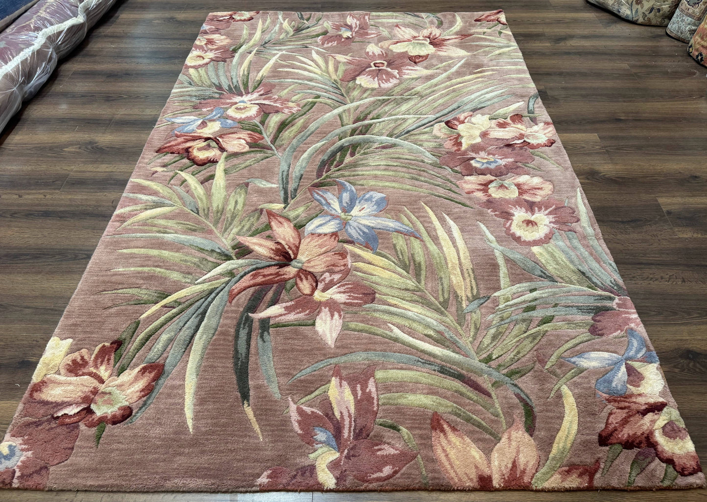 Hand Tufted Floral Rug 5x8, Light Rose Wool Carpet