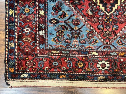 Antique Persian Tribal Rug 4x7, Wool Handmade 1920s Carpet, Red Blue, Persian Hamadan Rug