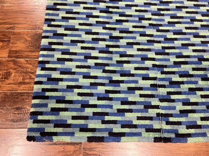 Wool Runner Rug Blue Multicolor Mosaic Design 4.7 x 12 Contemporary Power Loomed