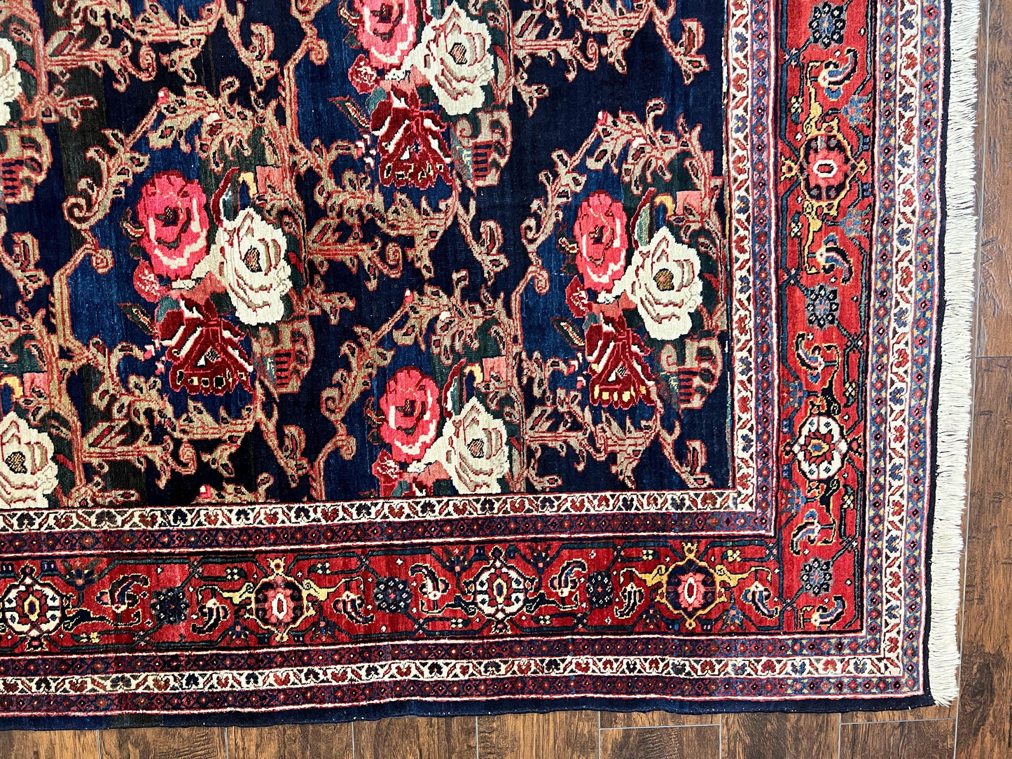 Persian Bidjar Rug 8x11, Floral Bouquets, Blue Black Red Pink, Handmade Hand Knotted Vintage Semi Antique Oriental Carpet