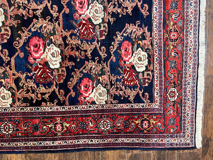 Persian Bidjar Rug 8x11, Floral Bouquets, Blue Black Red Pink, Handmade Hand Knotted Vintage Semi Antique Oriental Carpet