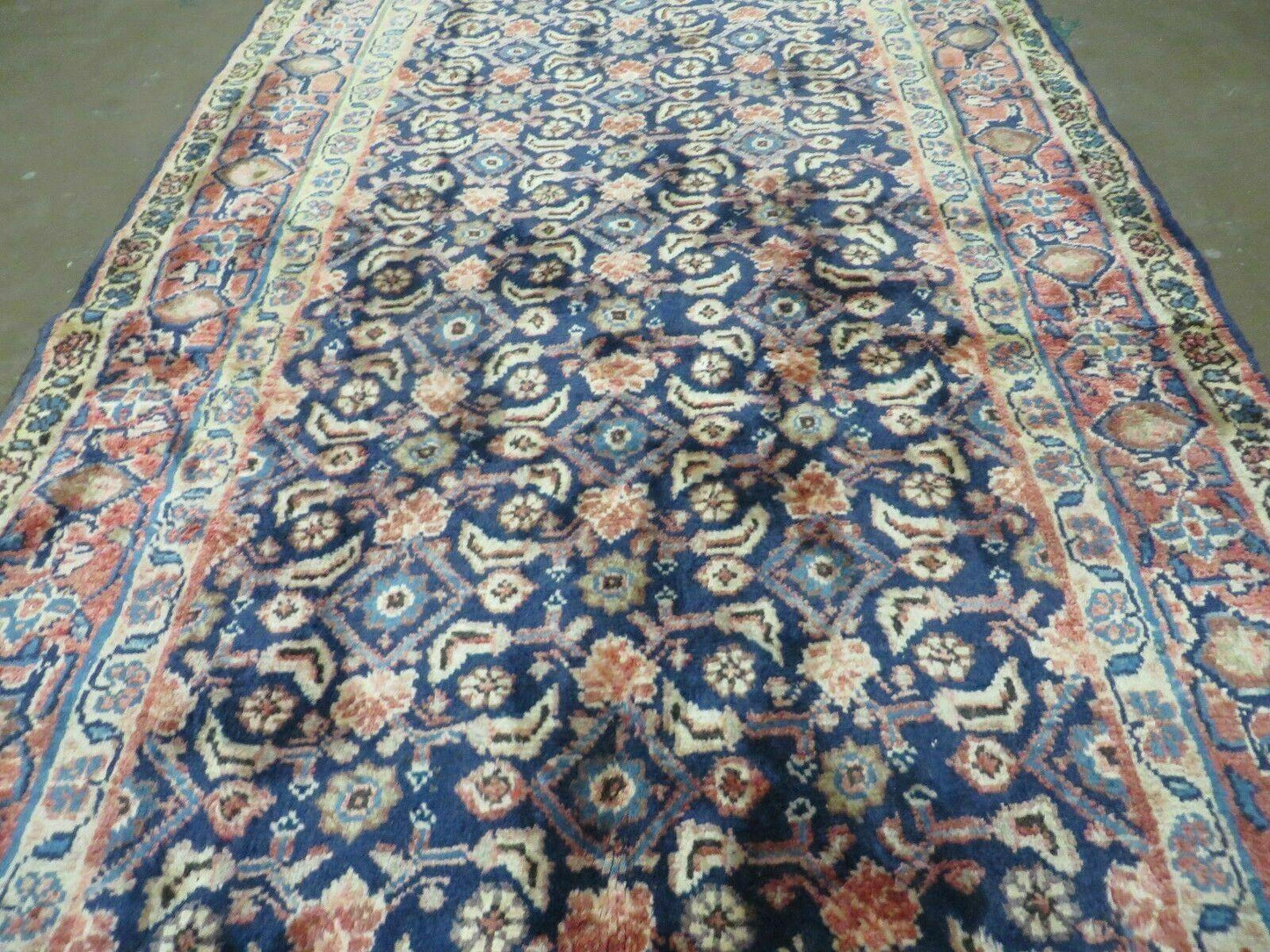 Antique Indian Floral Wool Runner Rug Handmade Oriental Blue 3ft7in X 10ft
