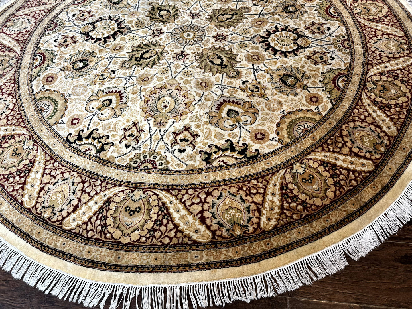 Round Pak Persian Rug 8x8, Vintage Handmade Wool Traditional Carpet, Beige Dark Red, Fine 270 KPSI