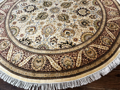 Round Pak Persian Rug 8x8, Vintage Handmade Wool Traditional Carpet, Beige Dark Red, Fine 270 KPSI