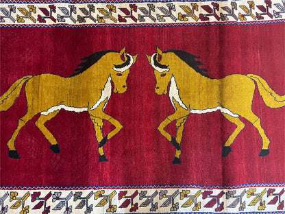 Handmade Hand Knotted Wool Rug Gabbeh 4x7 Horses Zagros Red Mustard Gold New