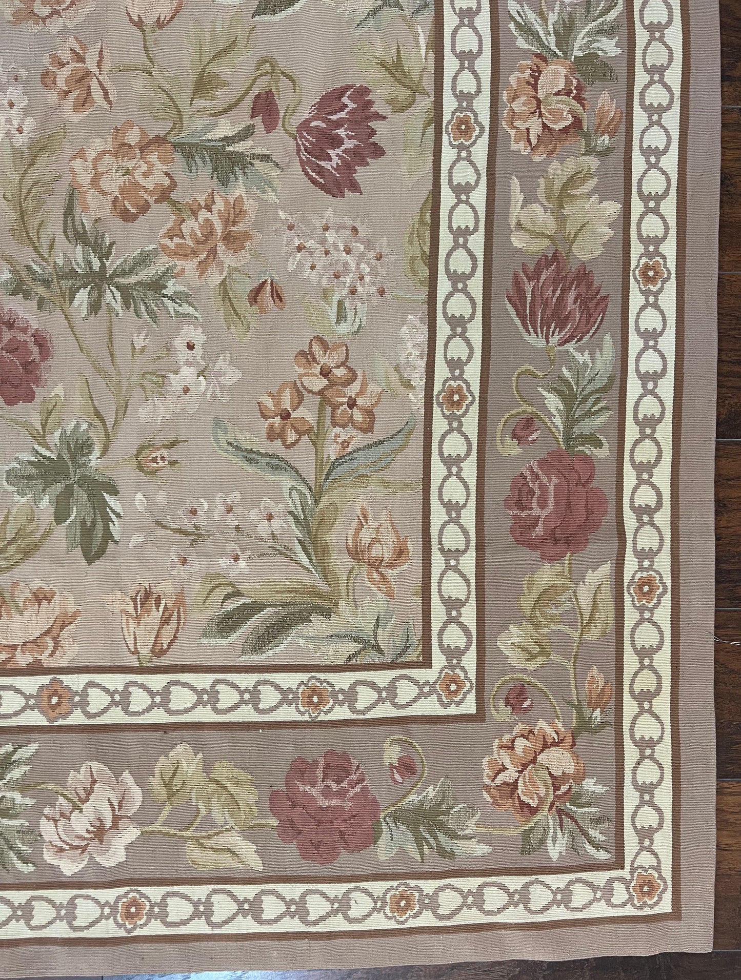 Aubusson Rug 9x12 Wool Handmade Floral Roses Pink Beige Mauve European French Design