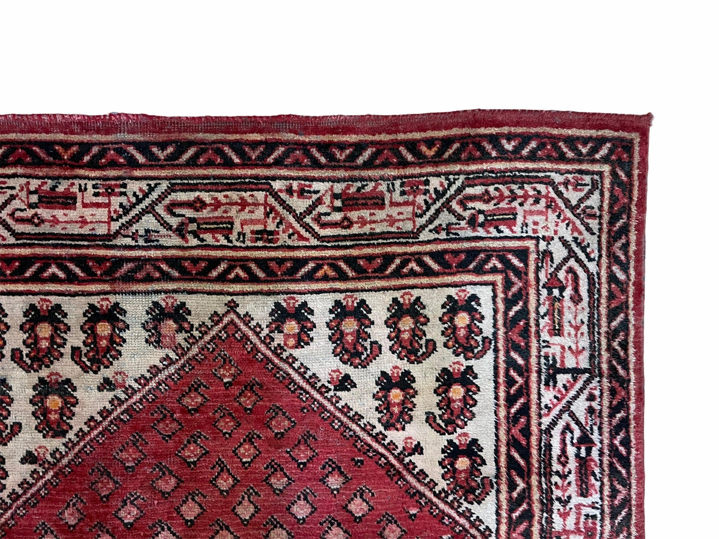 Antique Handmade Wool Rug Paisley Boteh Design Tribal Area Rug Red Ivory