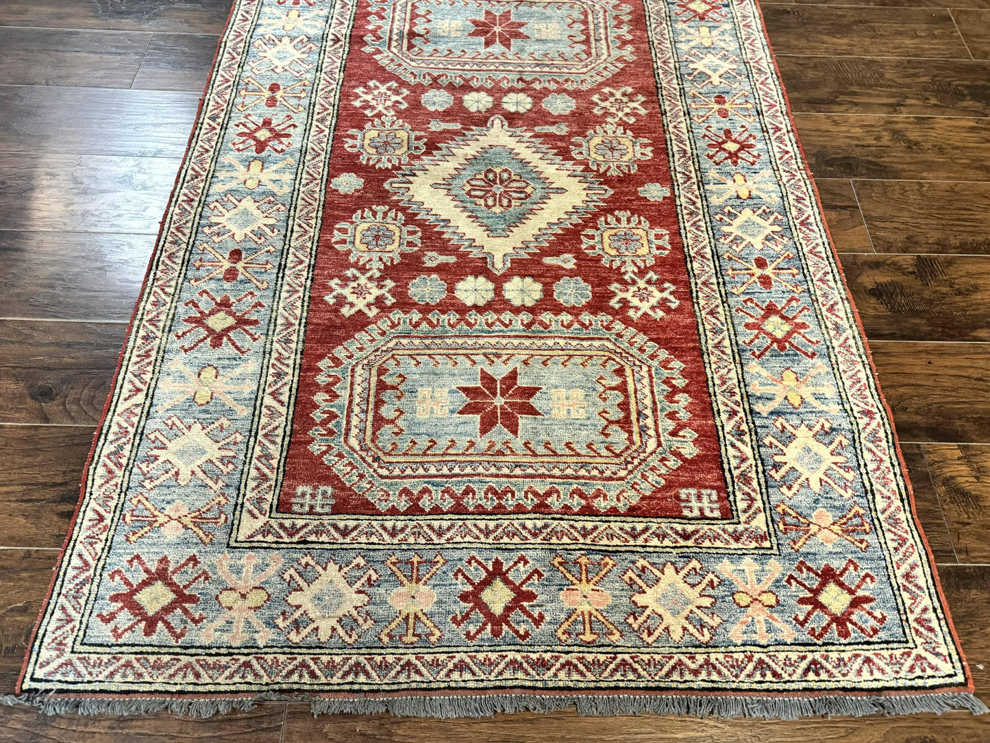 Turkish Kazak Rug Handmade Vintage Wool Carpet Geometric Design Red And Light Blue