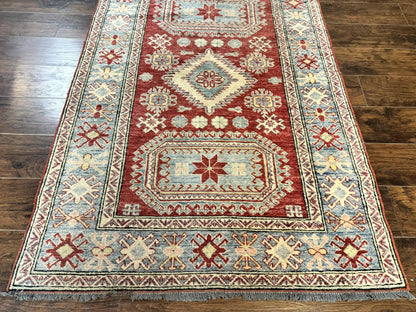 Turkish Kazak Rug Handmade Vintage Wool Carpet Geometric Design Red And Light Blue