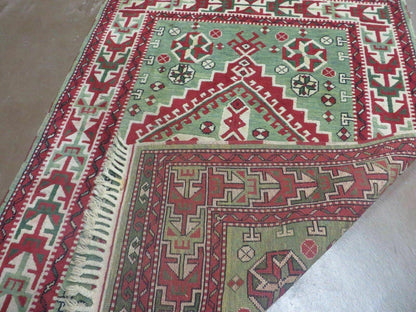 Kazak Rug Vintage Handmade Turkish Wool Rug 4x6 Fringed Carpet