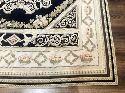 Vintage Aubusson Rug 6x8 Wool Hand Knotted European Design Lion Pictorial Black