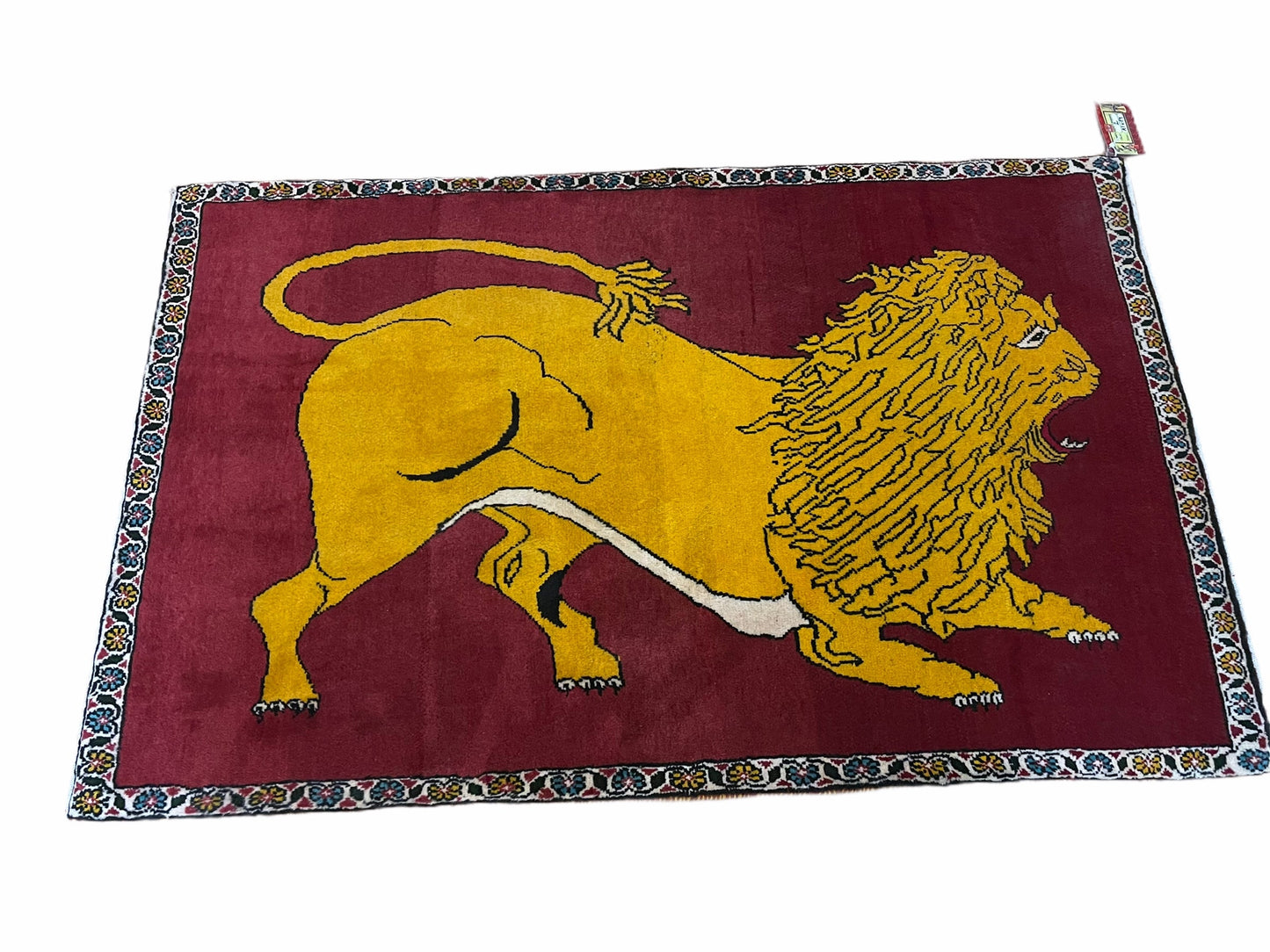Persian Gabbeh Rug Lion Pictorial Hand Knotted Wool Red Two Foot Nine Inch By Four Foot Four Inch