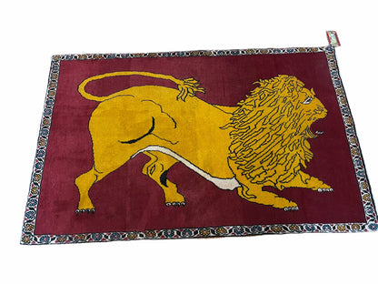 Persian Gabbeh Rug Lion Pictorial Hand Knotted Wool Red Two Foot Nine Inch By Four Foot Four Inch
