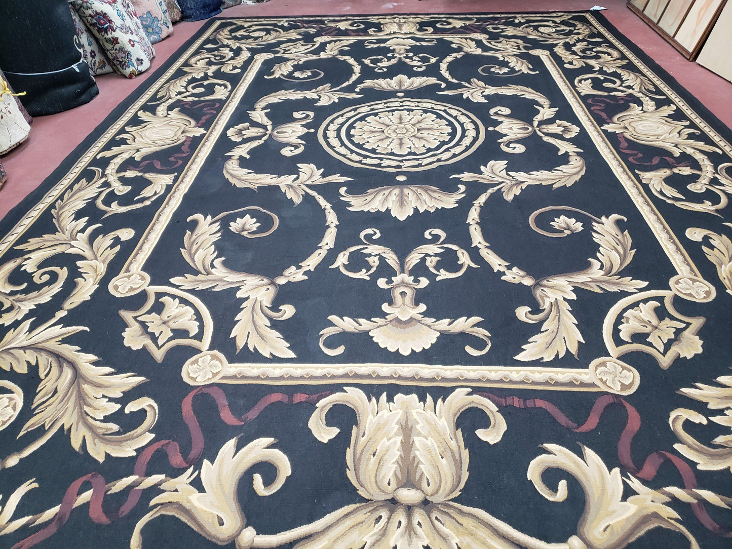 Black and Tan Aubusson Rug, 10 x 14 Aubusson Carpet, New Aubusson Rug, Elegant, Wool, Handmade Area Rug, Flatweave Rug, Large Aubusson Rug