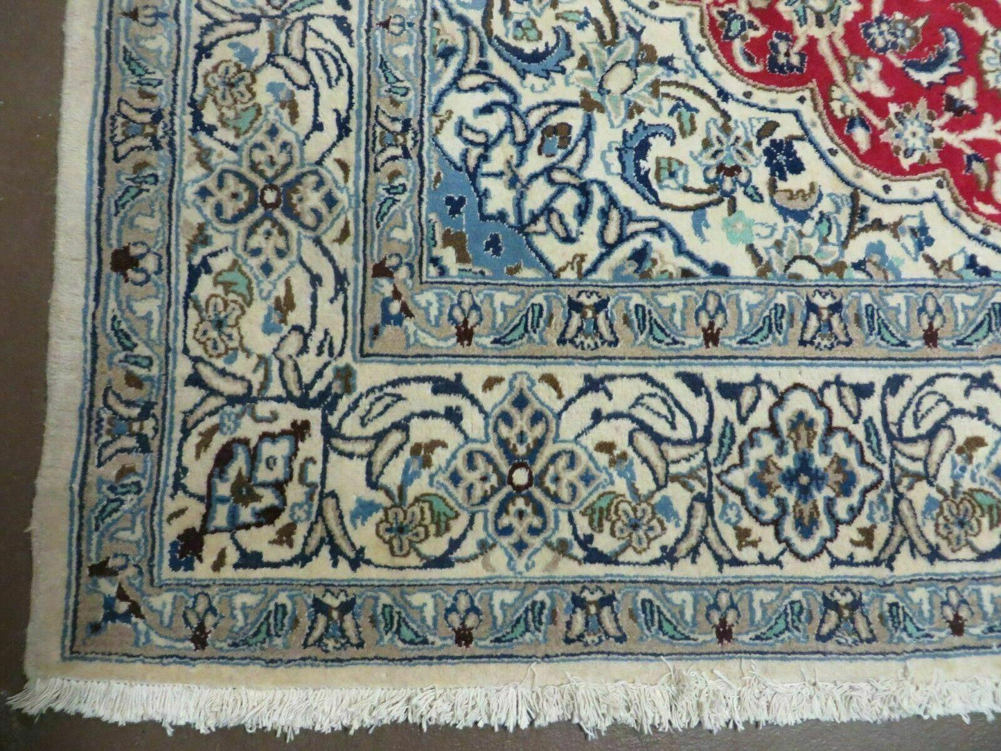 Square Persian Nain Rug 6ft 3in By 6ft 8in Hand Knotted Wool Silk Accents Ivory Red Blue