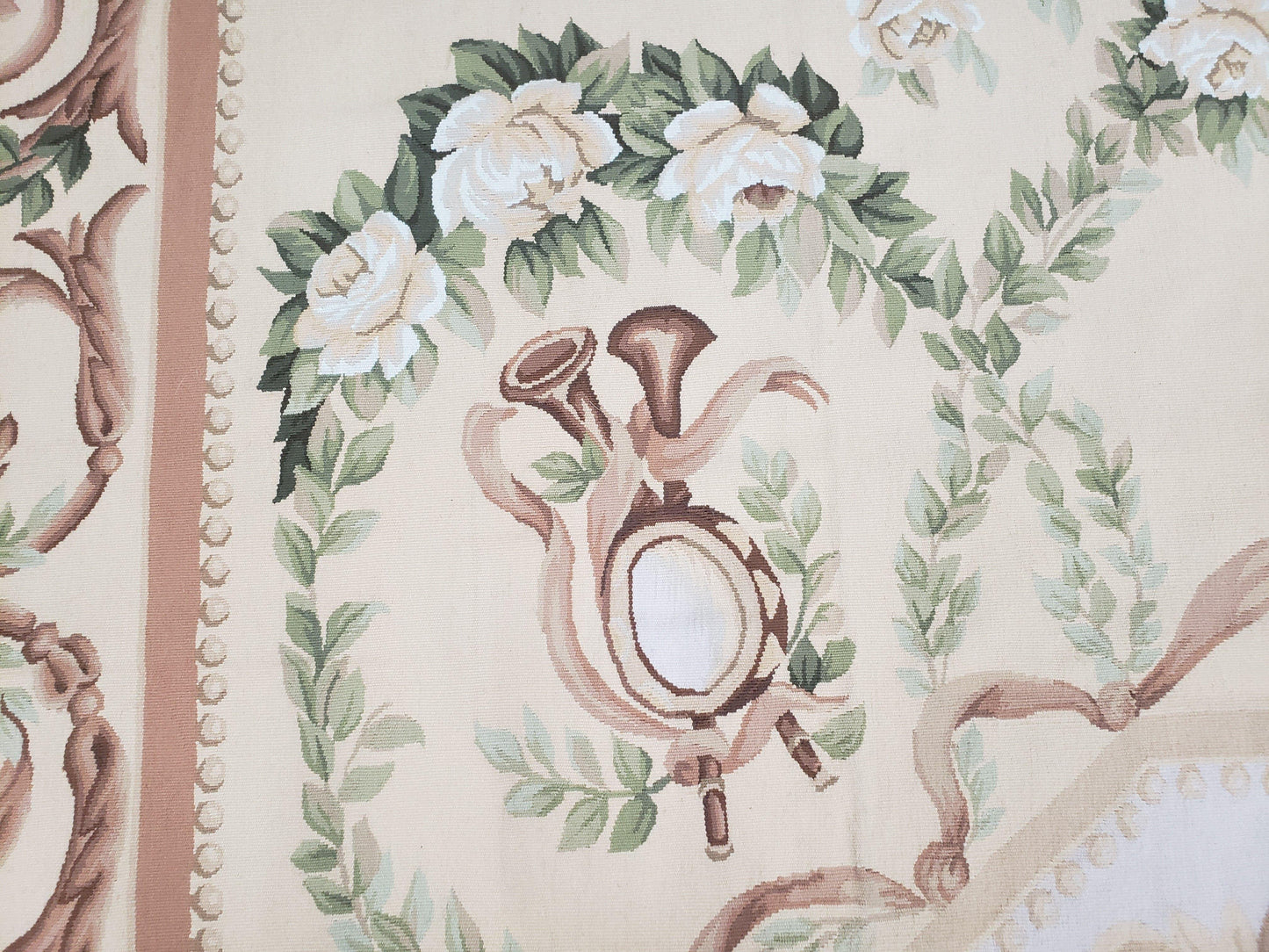 Elegant Aubusson Rug 10 x 14, Cream and Ivory Simple Aubusson Floral Carpet, Hand-Woven, European, New Aubusson Rug, Wool Area Rug, Violins