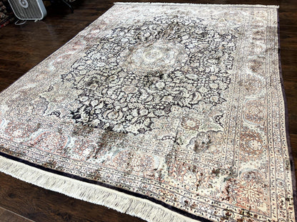 Silk Kashmiri Rug 8x10 Floral Medallion Handmade Indo Persian Vintage Silk Rug