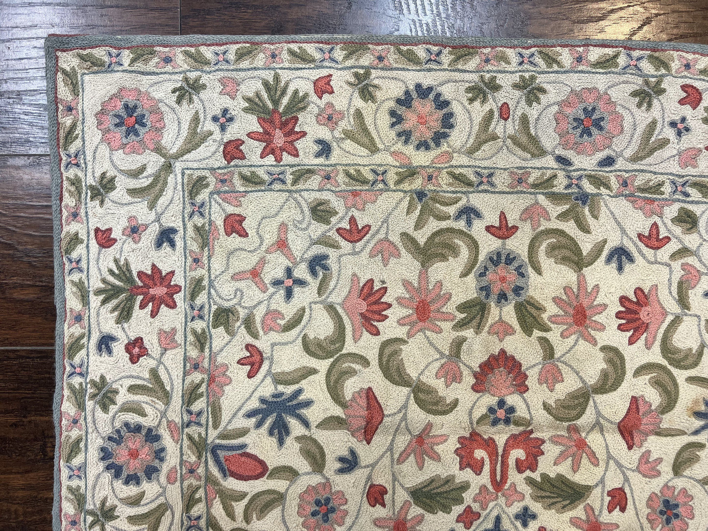 Hand Stitched Indian Rug Floral Vintage Wool Area Rug 4x5 Hand Embroidered