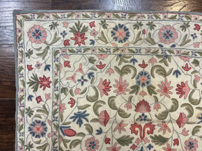 Hand Stitched Indian Rug Floral Vintage Wool Area Rug 4x5 Hand Embroidered