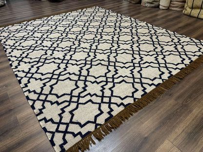 Indian Kilim Rug 8x10 Handwoven Wool Dhurrie Carpet Oat And Navy Blue