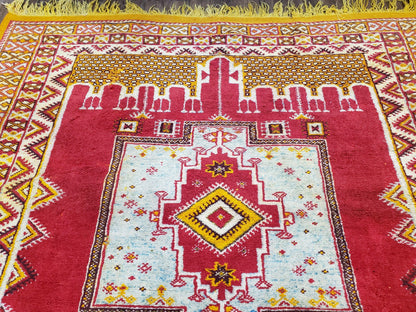 Vintage Moroccan Rug 6x10, Red and Yellow Moroccan Carpet, Handmade Bohemian Tribal Area Rug, Hand-Knotted 1970s Wool Rug, Medalions