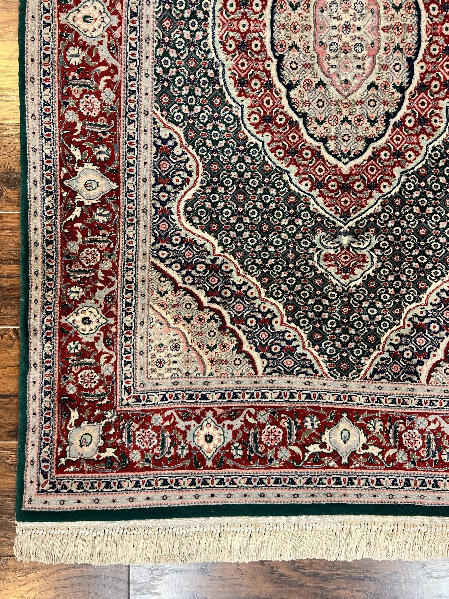 Sino Persian Rug 4x6 Hand Knotted Wool Silk Highlights Herati Medallion Vintage Carpet Green Maroon