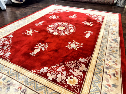 Chinese Wool Rug 8.6 By 11 Vintage Handmade Carved Chinese Oriental Carpet Plush Pile Semi Open Field