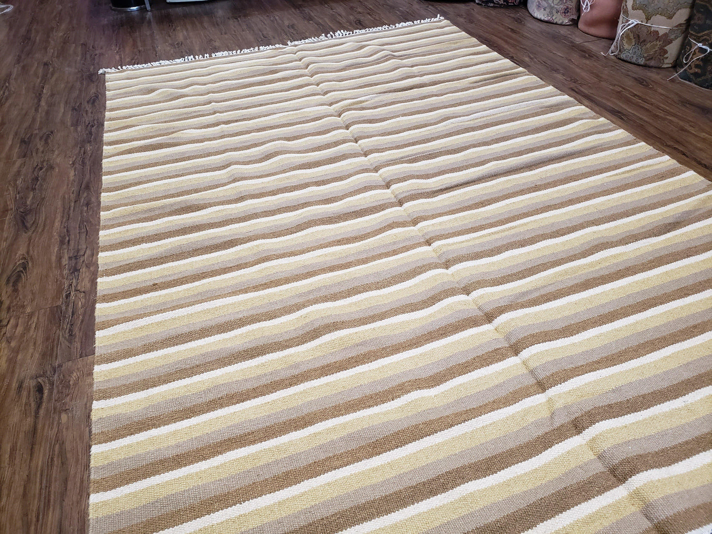 Indian Striped Blanket 6x9, Large Indo Kilim Area Rug, Earthern Tones Woolen Hand-Woven Flatweave South American Style Queen Size Bedspread