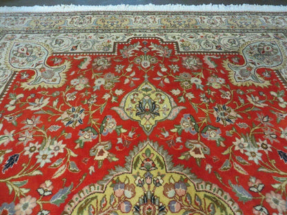Vintage Persian Tabriz Rug 9x12 Hand Knotted Wool Floral Medallion