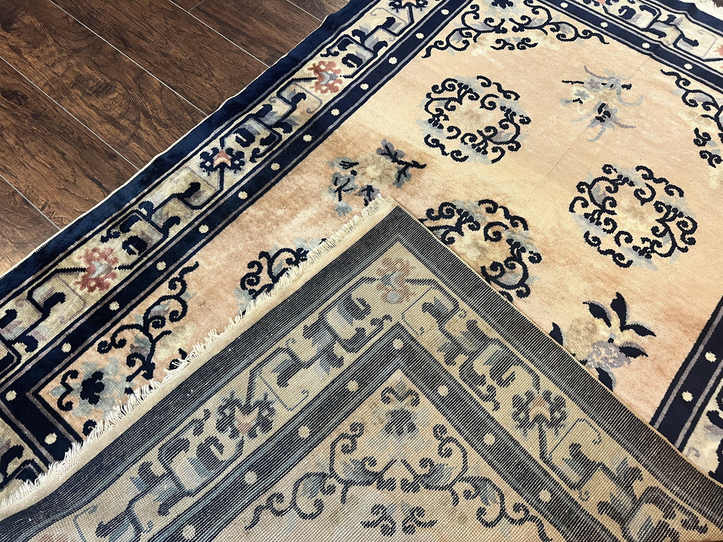 Chinese Peking Rug 4x6 Wool Hand Knotted Vintage Semi Antique Carpet Light Peach Navy Art Deco Style