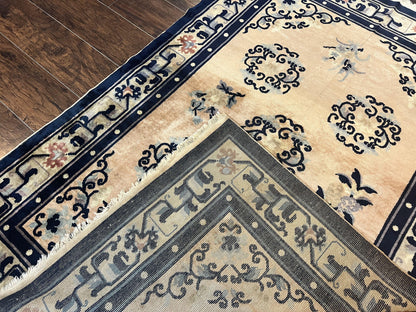 Chinese Peking Rug 4x6 Wool Hand Knotted Vintage Semi Antique Carpet Light Peach Navy Art Deco Style
