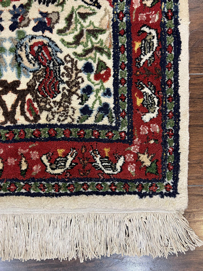 Small Indo Persian Rug 2x3 ft, Wool with Silk Highlights, Animal Pictorial Motifs Birds Vase Flowers, Cream and Maroon, Hand Knotted Fine