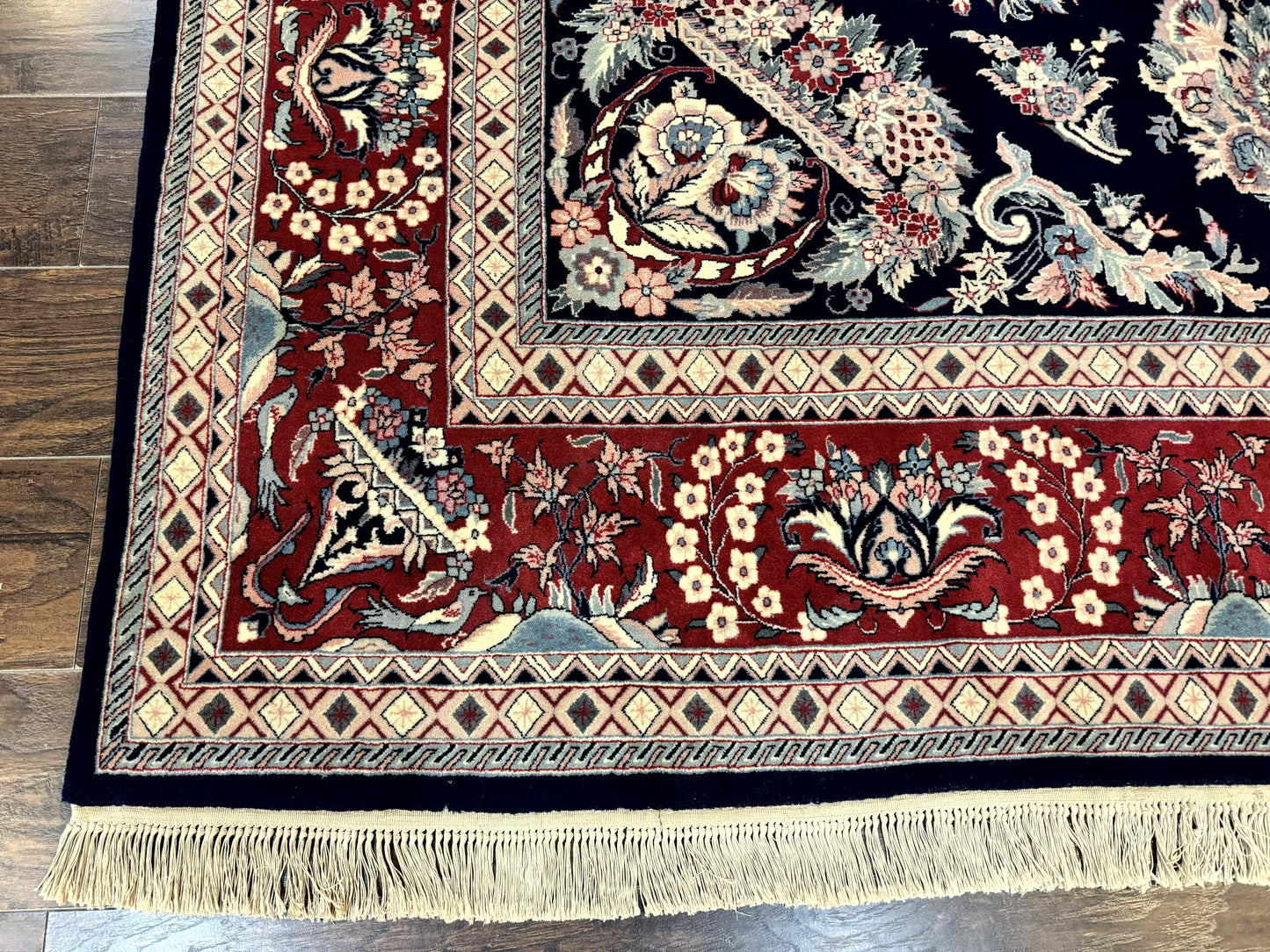 Sino Persian Rug 8x10, Floral Kirman Carpet, Navy Blue and Red, Floral Vases, Handmade Vintage Wool Carpet, 320 KPSI