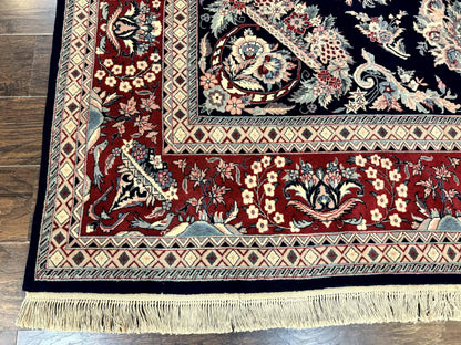 Sino Persian Rug 8x10, Floral Kirman Carpet, Navy Blue and Red, Floral Vases, Handmade Vintage Wool Carpet, 320 KPSI