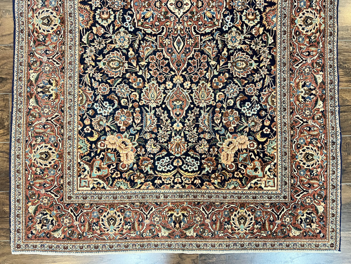 Persian Kashan Rug 4x7, Floral Medallion Vintage Handmade Hand Knotted Navy Blue & Red Wool Oriental Carpet, Highly Detailed Semi Antique Rug