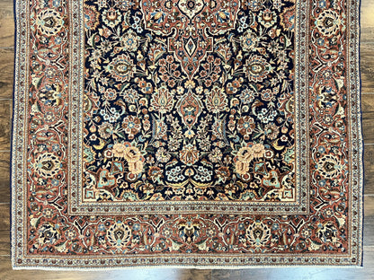 Persian Kashan Rug 4x7, Floral Medallion Vintage Handmade Hand Knotted Navy Blue & Red Wool Oriental Carpet, Highly Detailed Semi Antique Rug